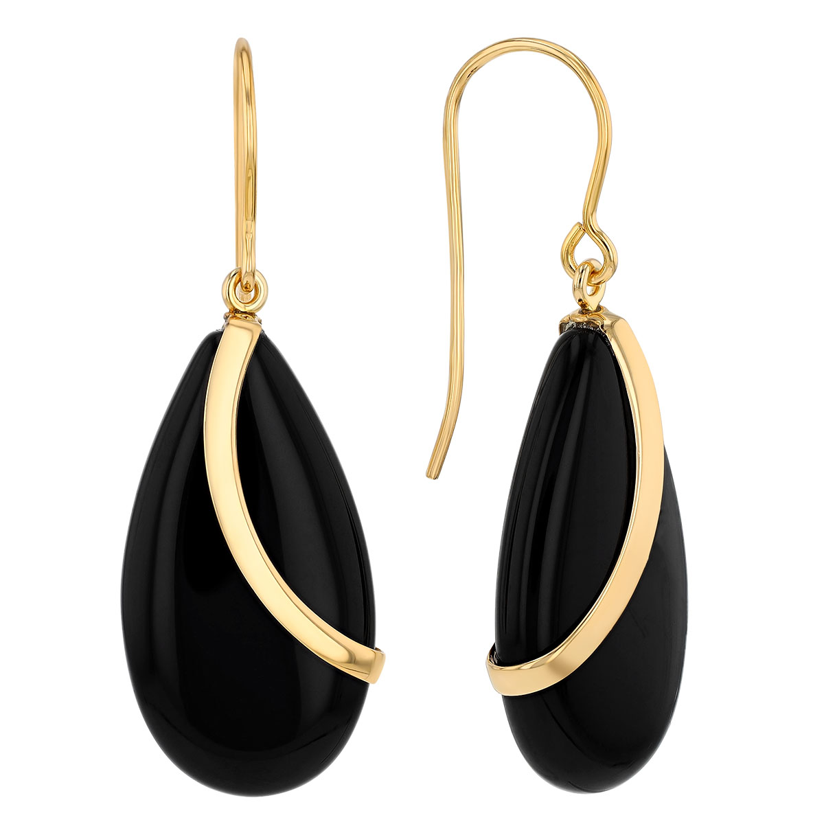 Black Onyx Chalcedony & Yellow Gold Swoop Teardrop Earrings