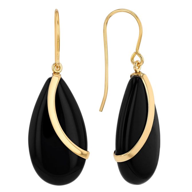 Black Onyx Chalcedony & Yellow Gold Swoop Teardrop Earrings
