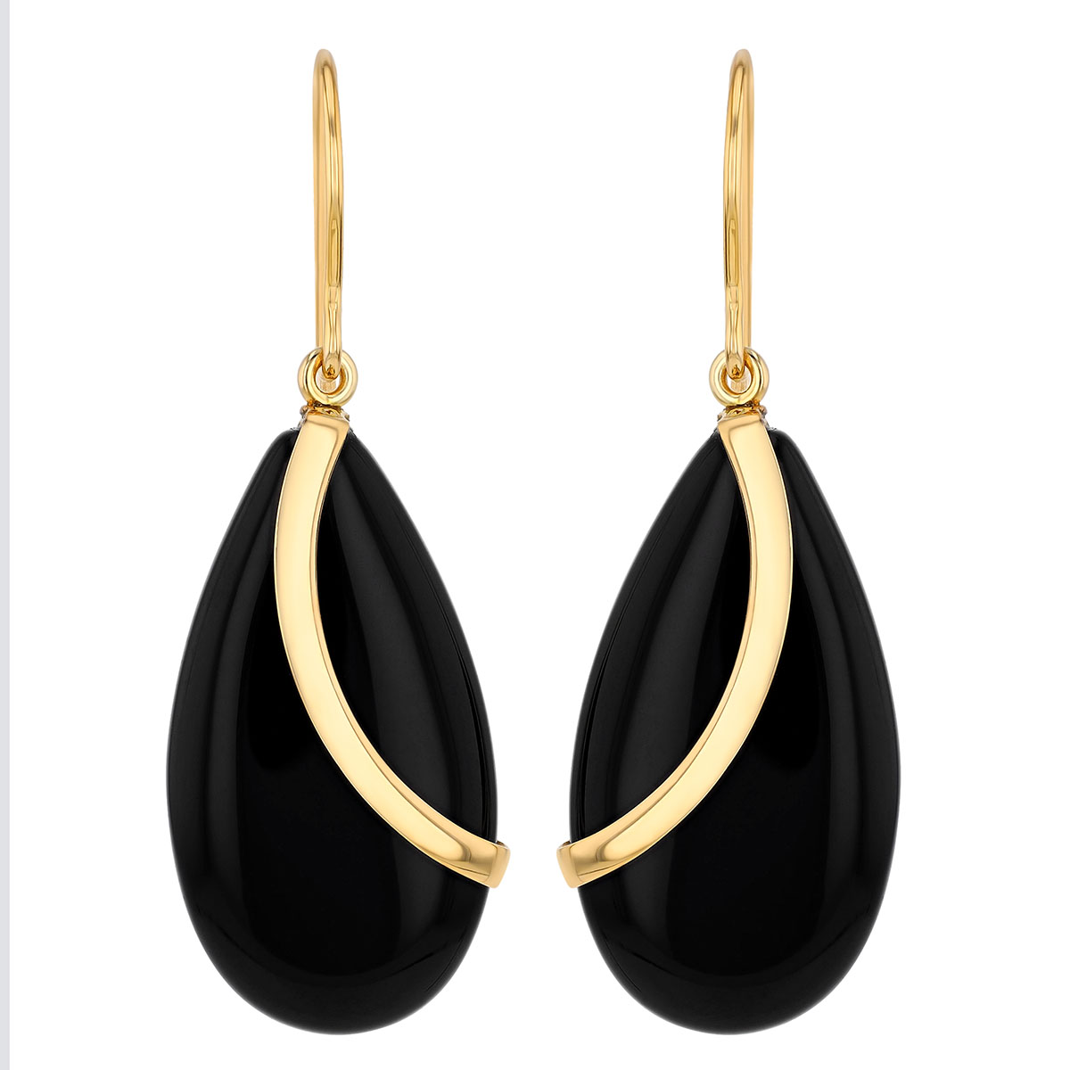 Black Onyx Chalcedony & Yellow Gold Swoop Teardrop Earrings