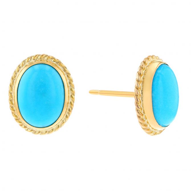 Oval Cabochon Turquoise Rope Bezel Stud Earrings in Yellow Gold