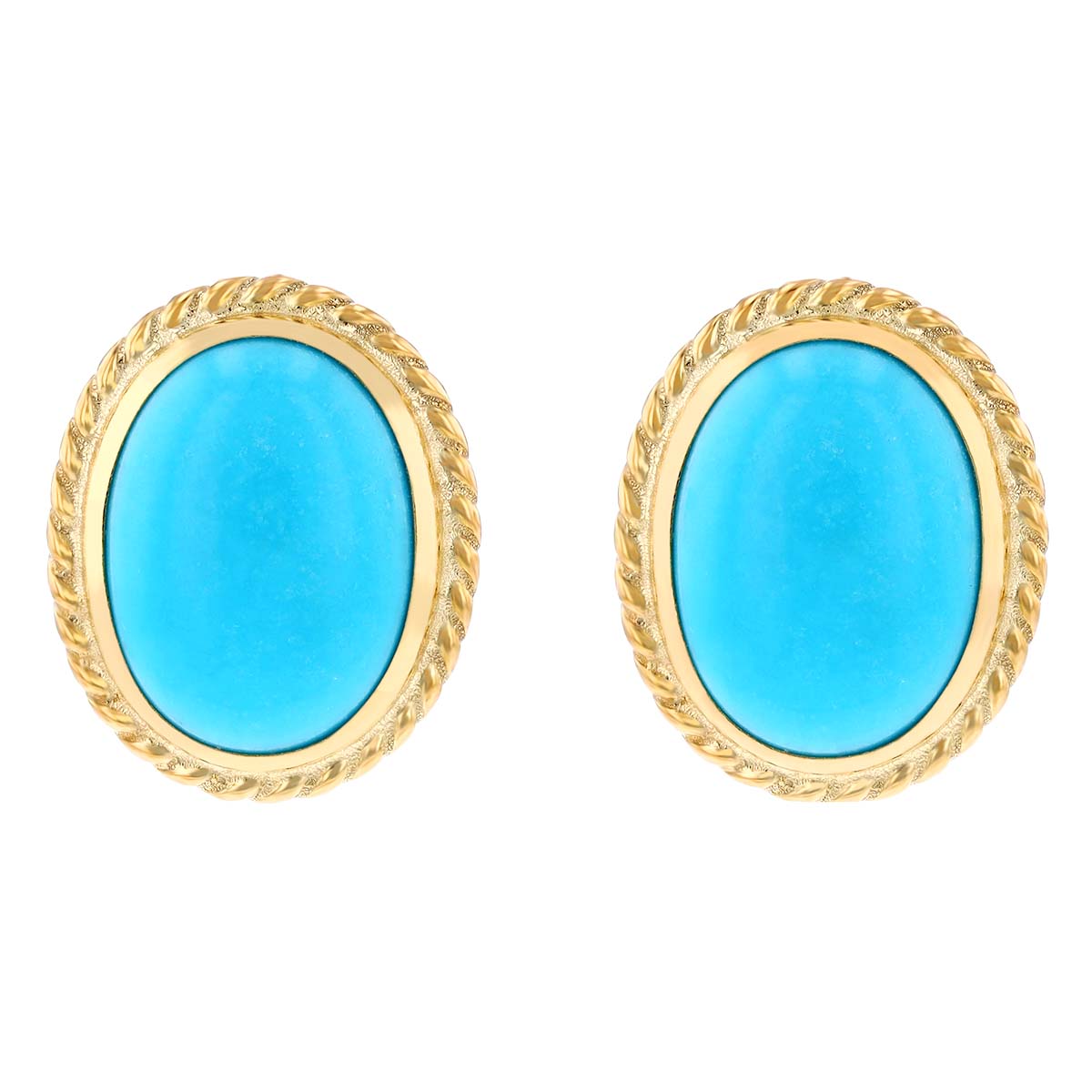 Oval Cabochon Turquoise Rope Bezel Stud Earrings in Yellow Gold