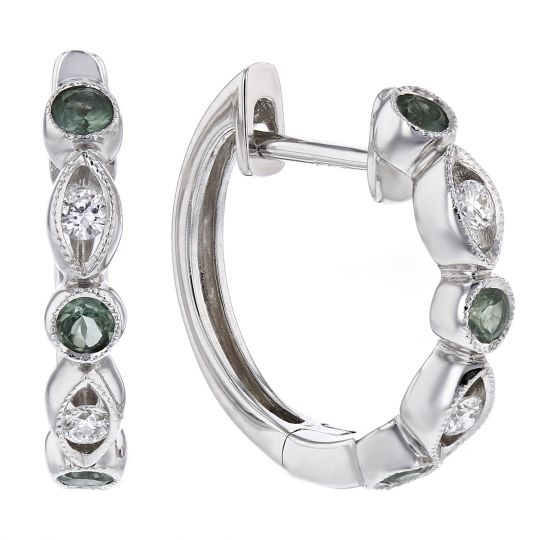 14k White Gold Alexandrite Diamond Round Navette Bezel Set Station Hoop Earrings 14k White Gold Alexandrite Diamond Round Navette Bezel Set Station Hoop Earrings