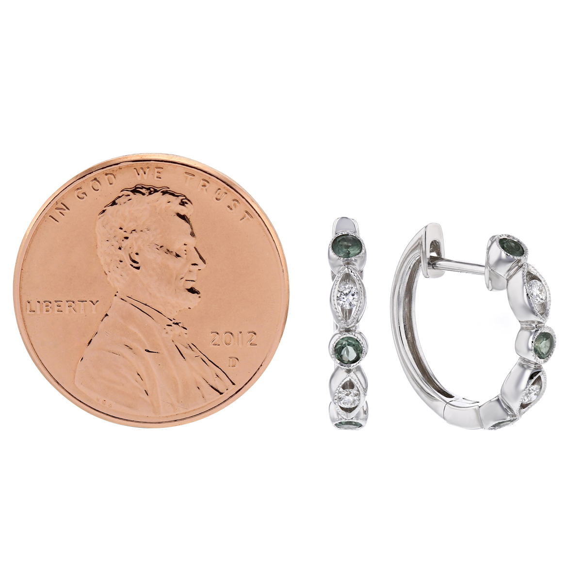 14K White Gold Alexandrite & Diamond Round & Navette Bezel Set Station Hoop Earrings