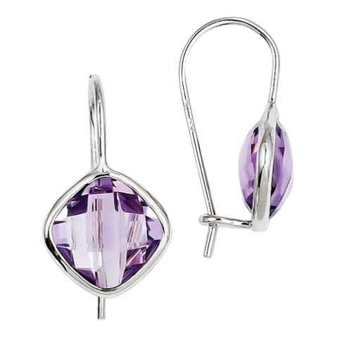 Rose Quartz Checkerboard Cushion Cut Drop Earrings in Sterling Silver