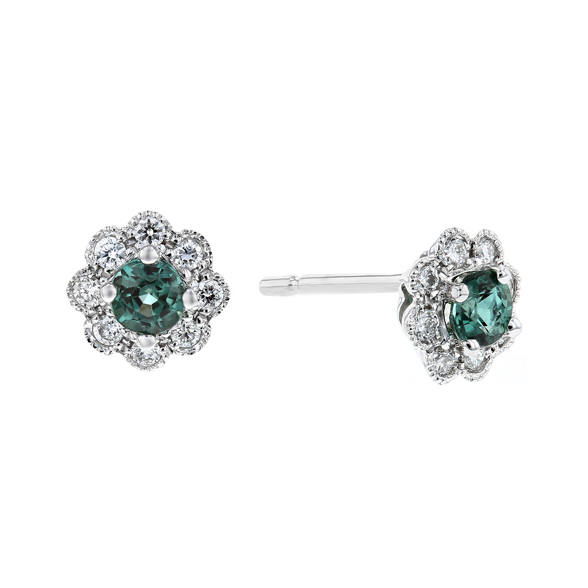 Round Alexandrite & Diamond Scalloped Halo Post Earrings in White Gold