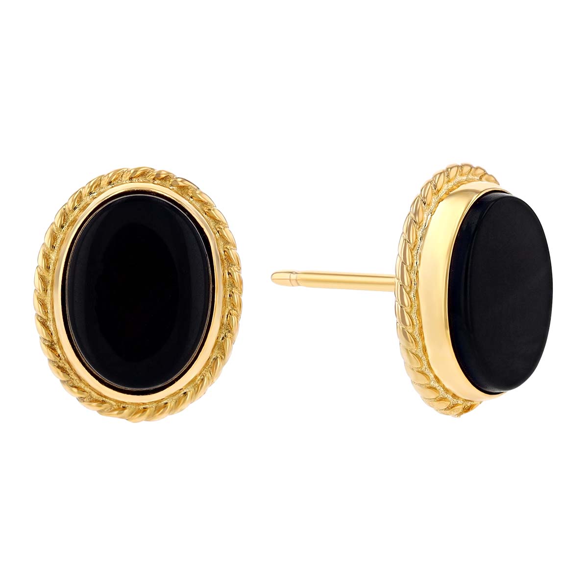 Oval Black Onyx Post Earrings with Rope Edge Bezel in Yellow Gold