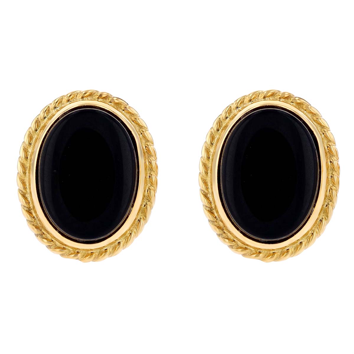 Oval Black Onyx Post Earrings with Rope Edge Bezel in Yellow Gold