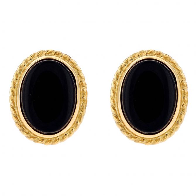 Oval Black Onyx Post Earrings with Rope Edge Bezel in Yellow Gold Borsheims
