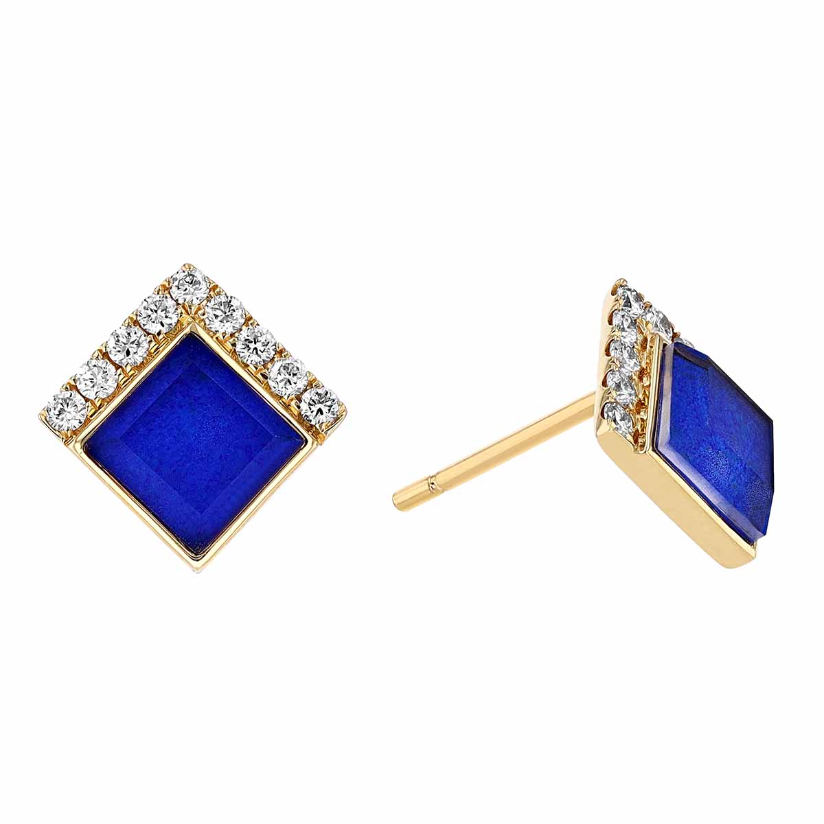 Doves Royal Lapis Quartz & Diamond Square Stud Earrings in Yellow Gold