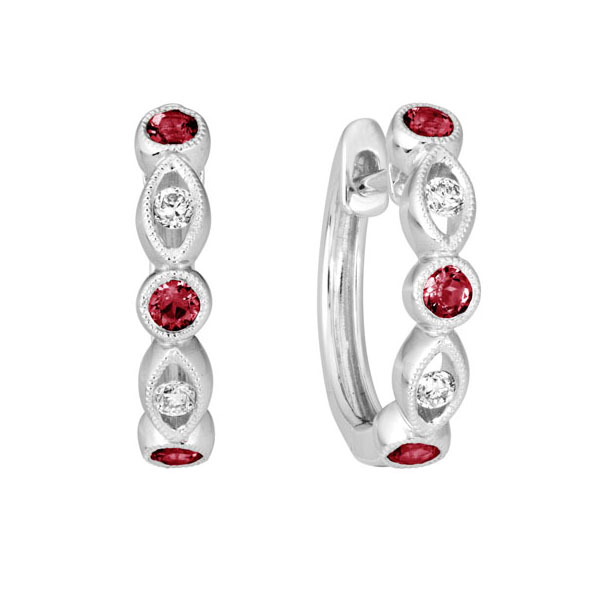 Spinel & Diamond Round & Navette Pattern Huggie Hoop Earrings in White Gold
