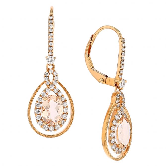 Doves Rose Oval Morganite & Diamond Halo Dangle Earrings in Rose Gold