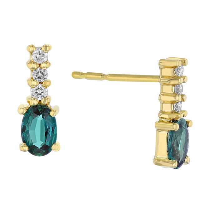 Oval Alexandrite & Diamond Bar Post Earrings in Yellow Gold