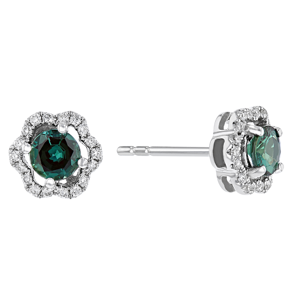 Round Alexandrite & Diamond Flower Halo Stud Earrings in White Gold