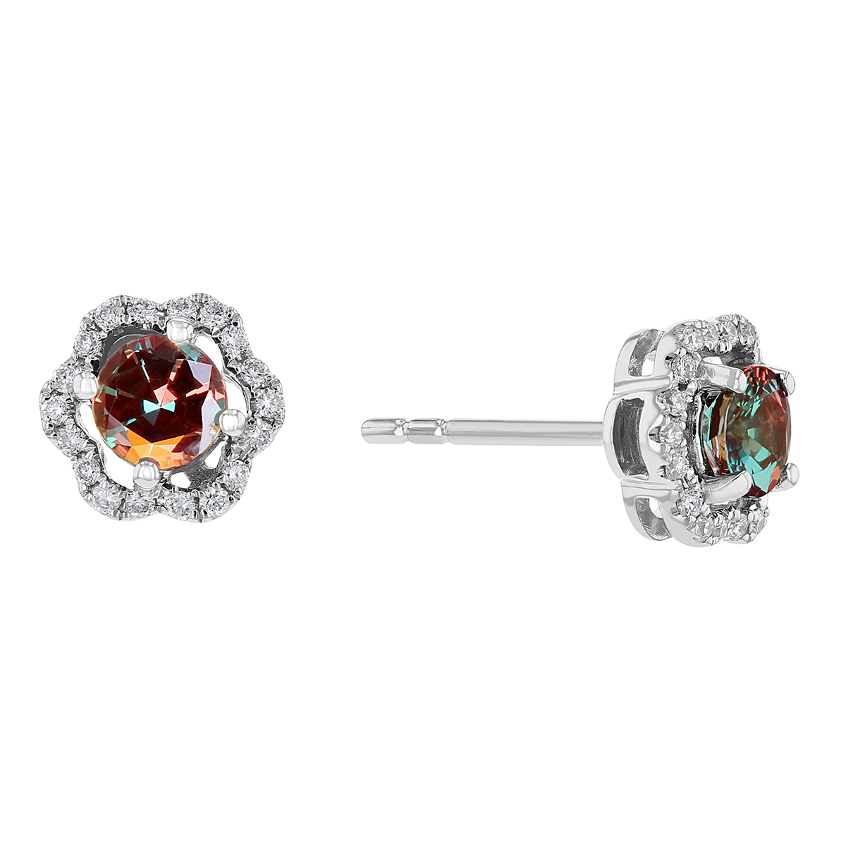 Round Alexandrite & Diamond Flower Halo Stud Earrings in White Gold