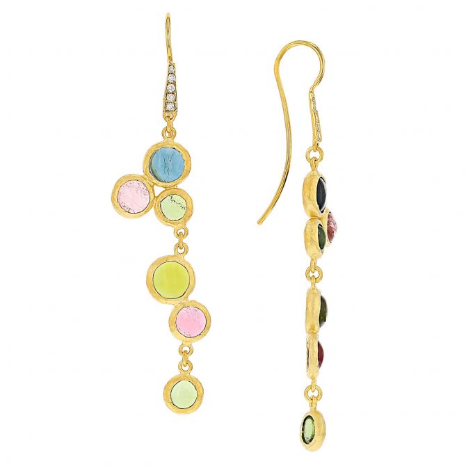 Marika Multi Stone Bezel Set Drop Earrings with Diamond Hooks in Yellow Gold