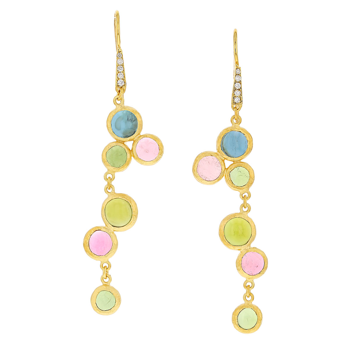 Marika Multi Stone Bezel Set Drop Earrings with Diamond Hooks in Yellow Gold