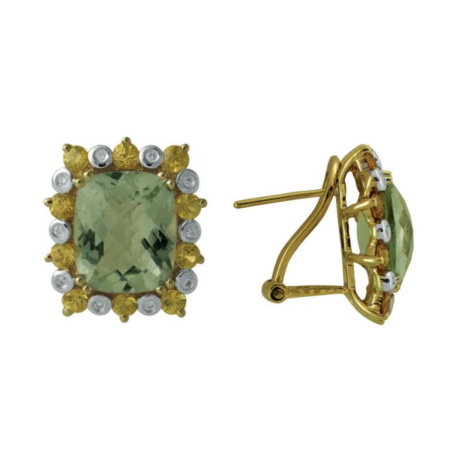 Cushion Prasiolite Omega Back Earrings with Yellow Sapphire & Diamond Frames in Yellow Gold