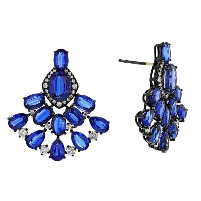 Oval & Pear Shaped Kyanite Fan Post Earrings with Diamonds in White Gold & Black Rhodium