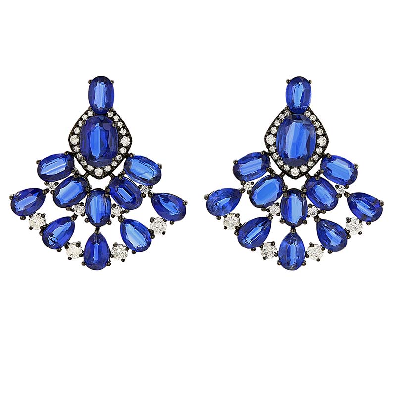 Oval & Pear Shaped Kyanite Fan Post Earrings with Diamonds in White Gold & Black Rhodium