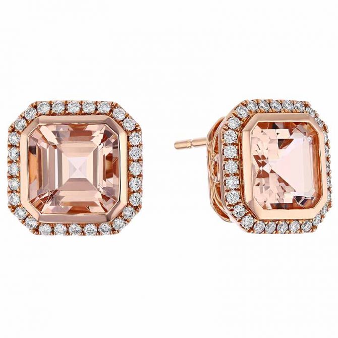Square Stepcut Morganite & Diamond Frame Stud Earrings in Rose Gold