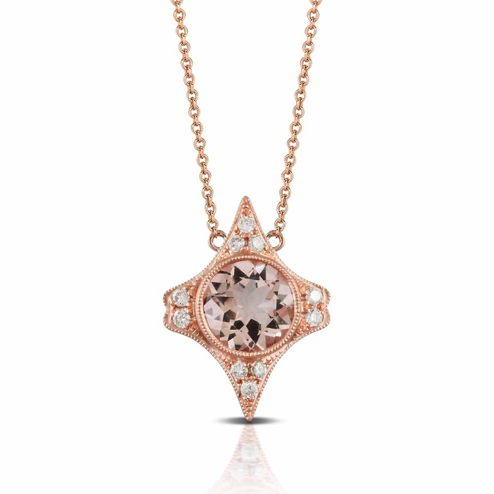 Doves Rose Morganite & Diamond Kite Milgrain Necklace in Rose Gold, 18