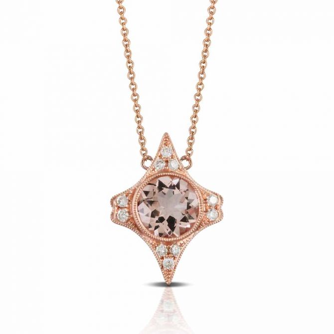 Doves Rose Morganite & Diamond Kite Milgrain Necklace in Rose Gold, 18"