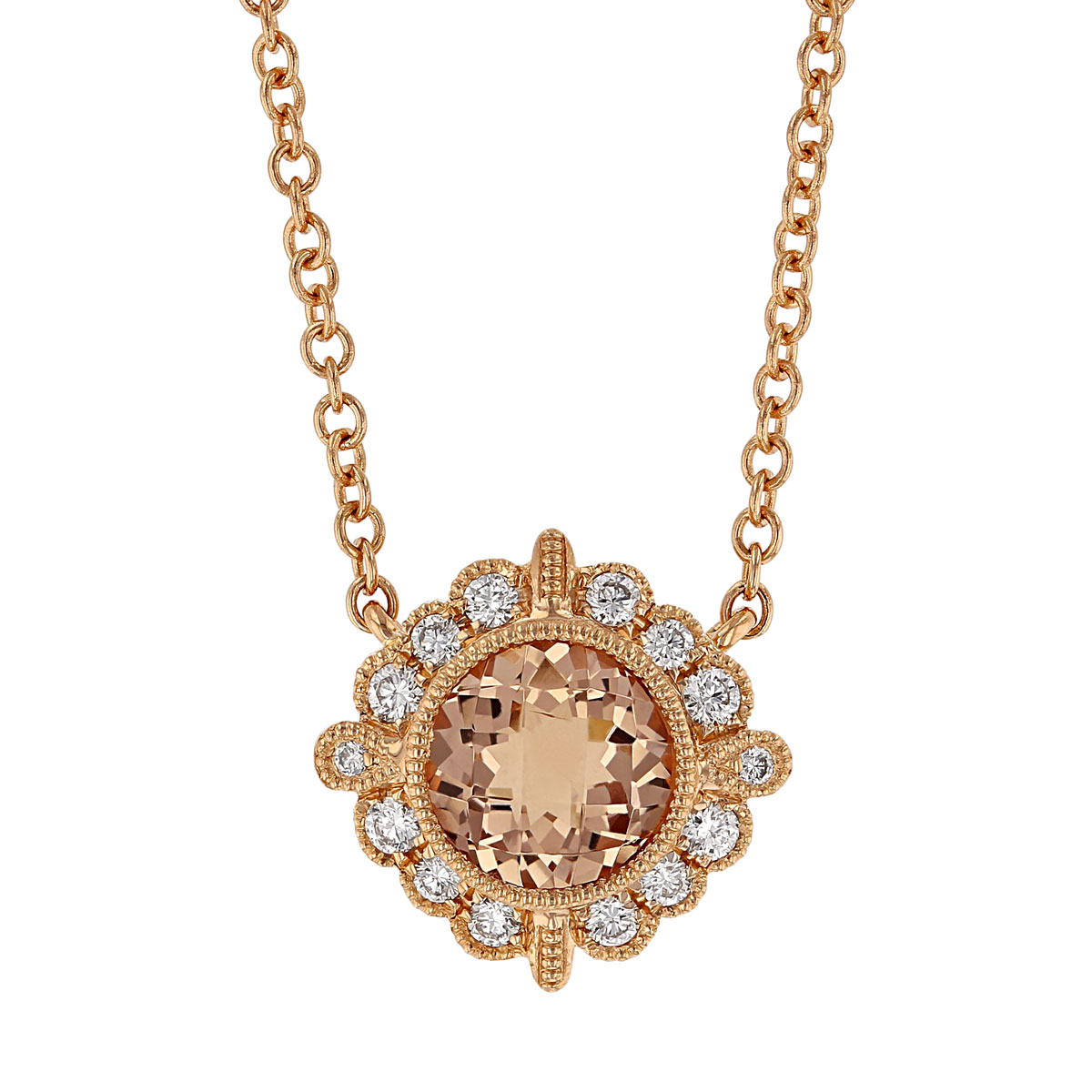 Doves Rose Round Morganite & Diamond Milgrain Halo Necklace in Rose Gold, 18