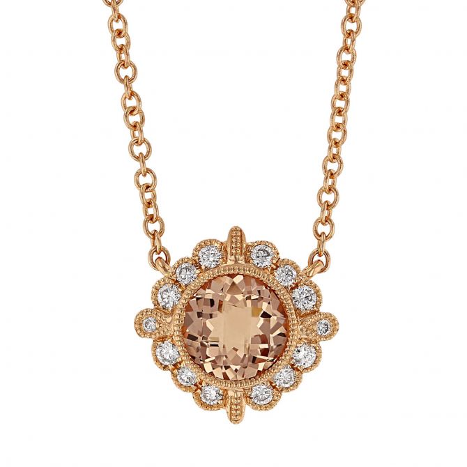 Doves Rose Round Morganite & Diamond Milgrain Halo Necklace in Rose Gold, 18"
