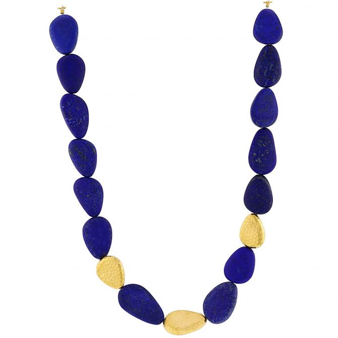Clara Williams Lapis & Hammered Yellow Gold Bead Strand Necklace, 20"