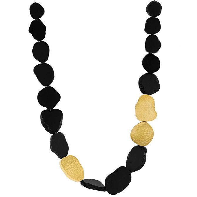 Marika Obsidian & Hammered Yellow Gold Bead Strand Necklace, 20"
