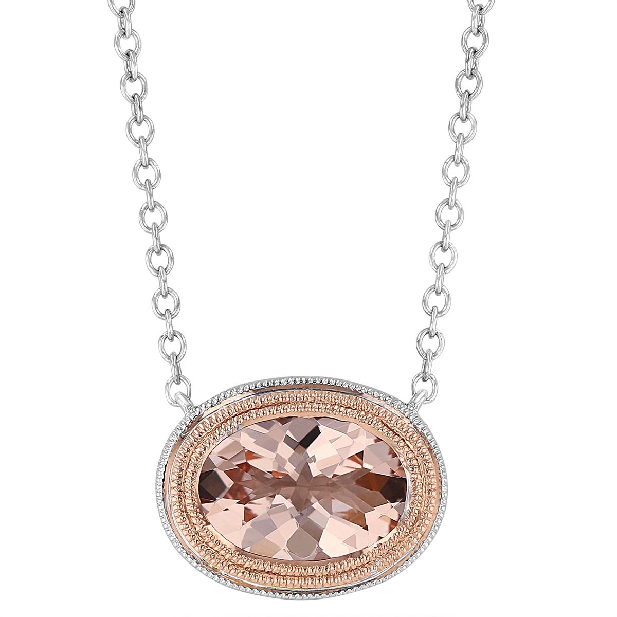 Oval Morganite Necklace with Milgrain Triple Halo in Rose & White Gold, 18