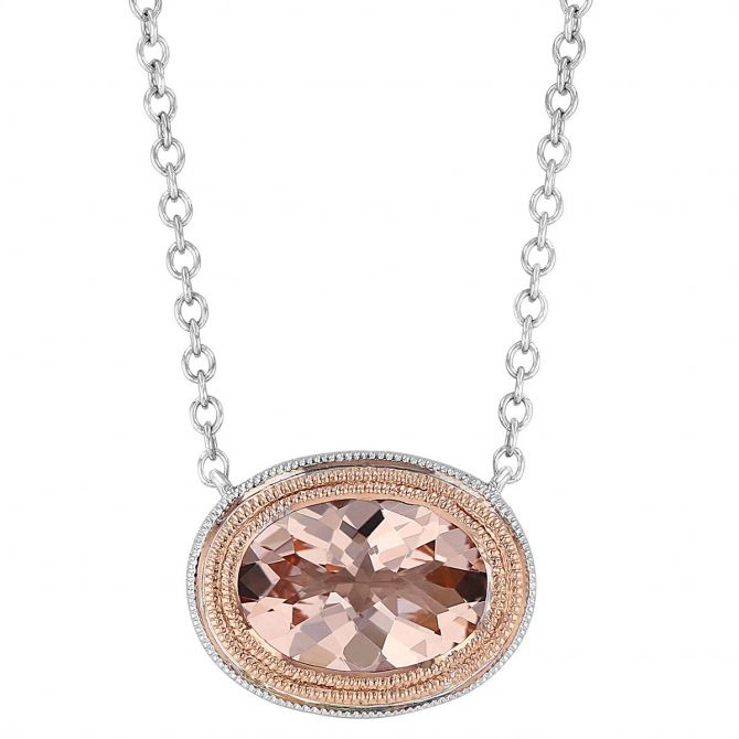 Oval Morganite Necklace with Milgrain Triple Halo in Rose & White Gold, 18"