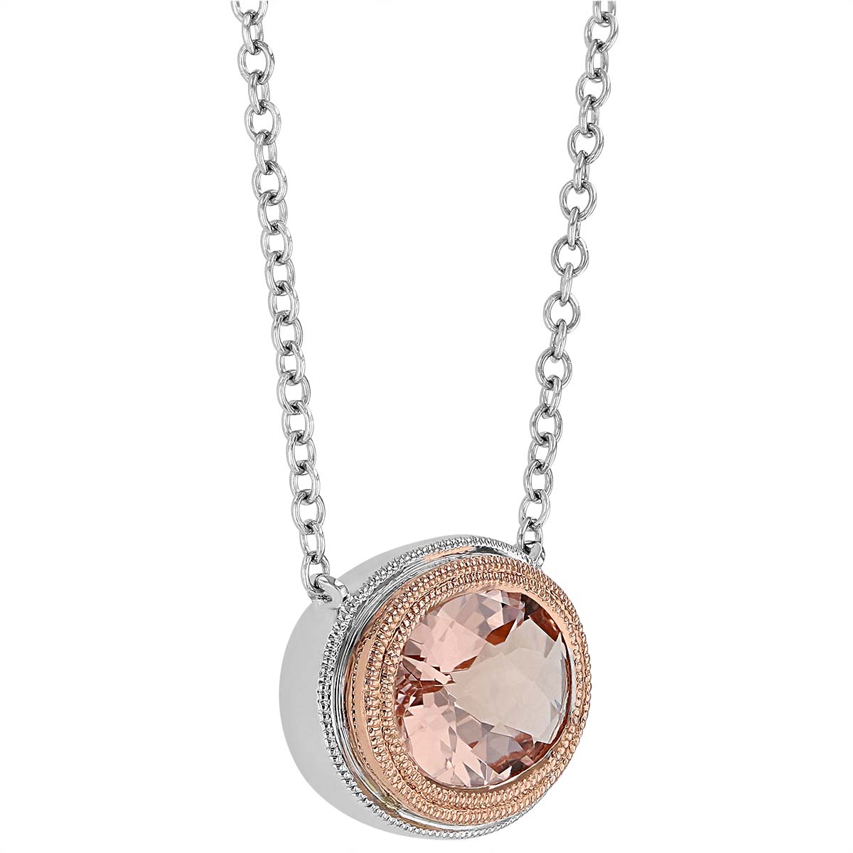 Oval Morganite Necklace with Milgrain Triple Halo in Rose & White Gold, 18