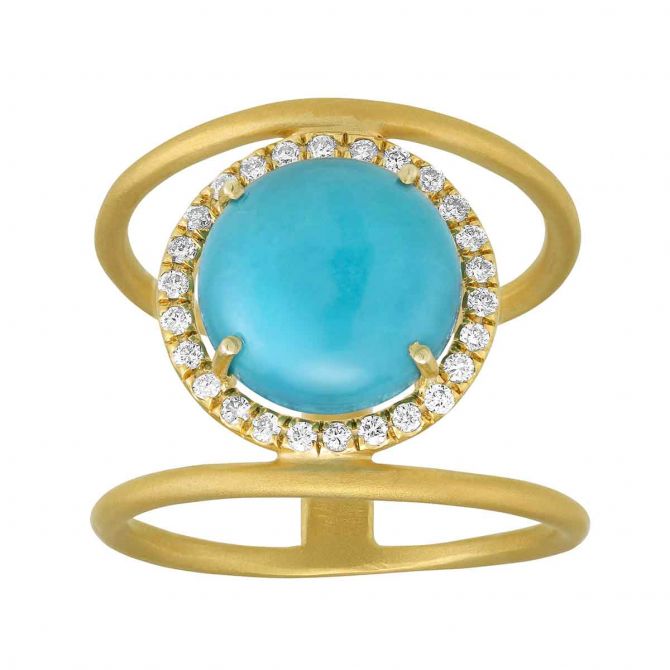 Marika Turquoise & Diamond Halo Open Shank Ring in Yellow Gold