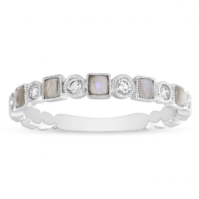 Diamond and Moonstone Milgrain Geometric Ring in White Gold
