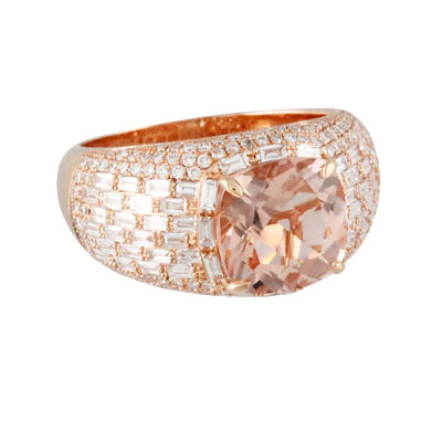 Doves Rose Morganite Ring with Round and Baguette Diamond Pavé in Rose Gold