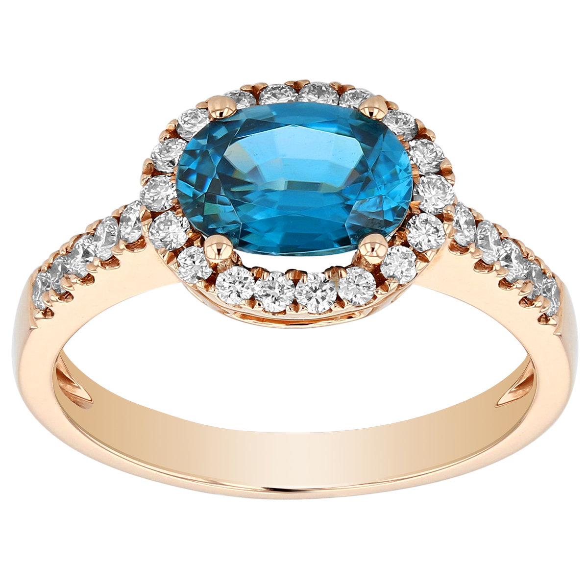 Oval Blue Zircon East West Ring with Diamond Halo & Sides in Rose Gold