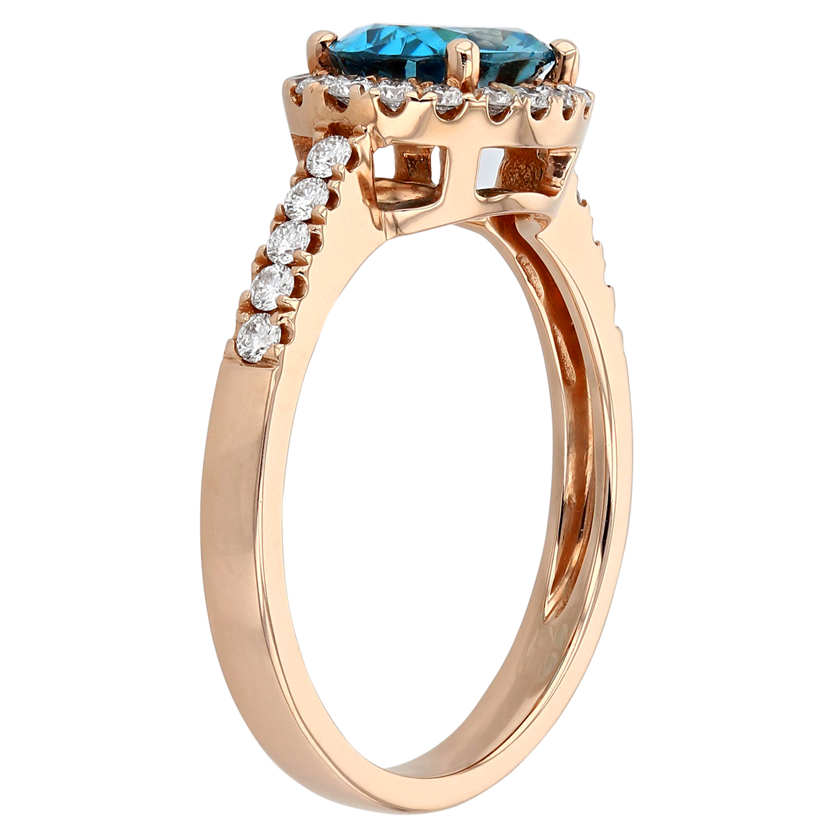 Oval Blue Zircon East West Ring with Diamond Halo & Sides in Rose Gold