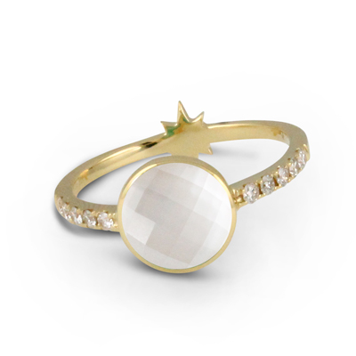 Doves 18K Yellow Gold Round Clear Quartz, White Mother of Pearl, & Diamond Ring