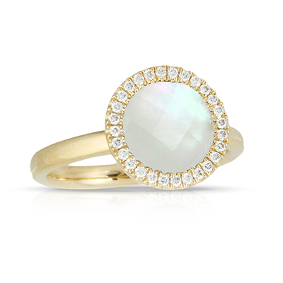 Doves 18K Yellow Gold Round Clear Quartz, White Mother of Pearl, & Diamond Halo Ring