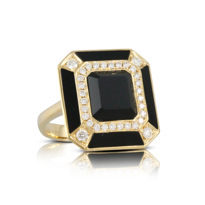 Doves 18K Yellow Gold Rectangular Black Onyx & Diamond Channel Gatsby Ring