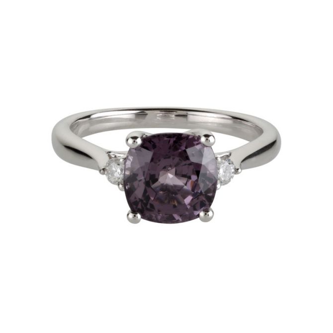 Cushion Purple Spinel & Diamond 3 Stone Ring in White Gold