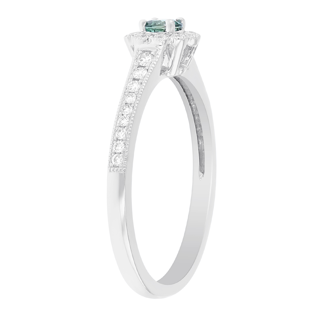 14K White Gold Round Alexandrite Ring with Diamond Floral Halo & Diamond Milgrain Shank