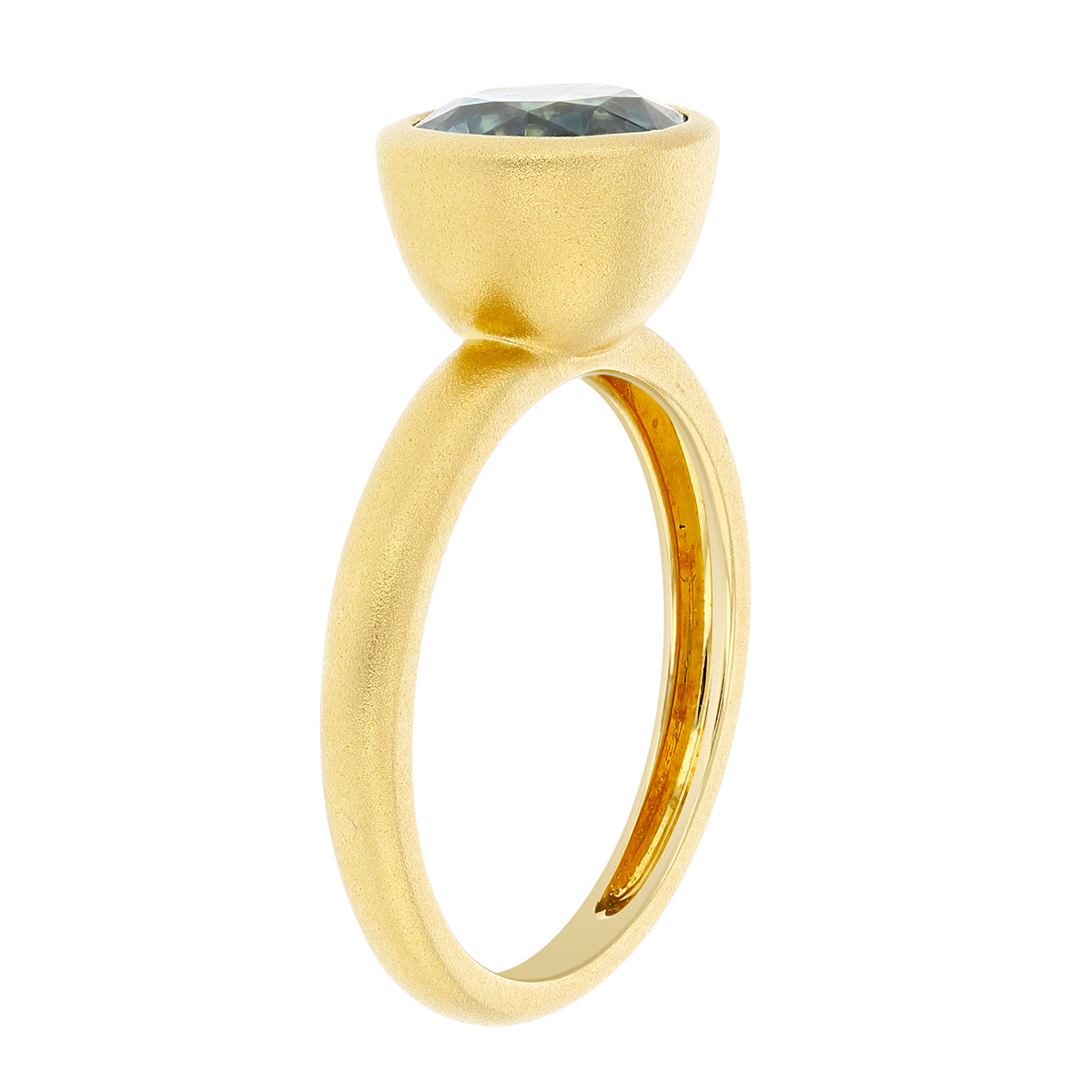 Oval Blue Zircon Bezel Set Ring in Matte Yellow Gold