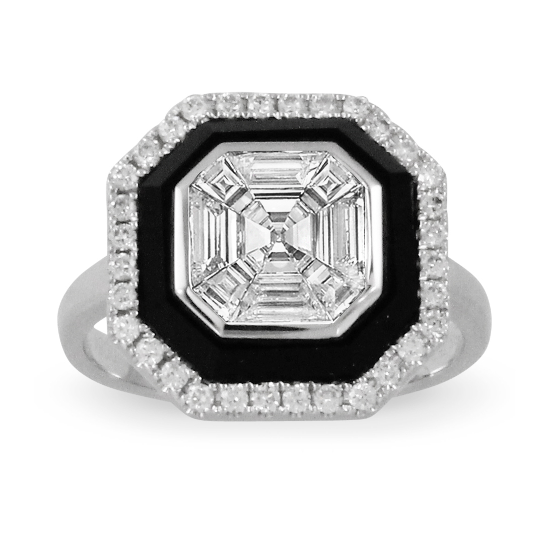 Doves Mondrian Invisible Set Diamond Mosaic & Black Onyx Halo Ring in White Gold