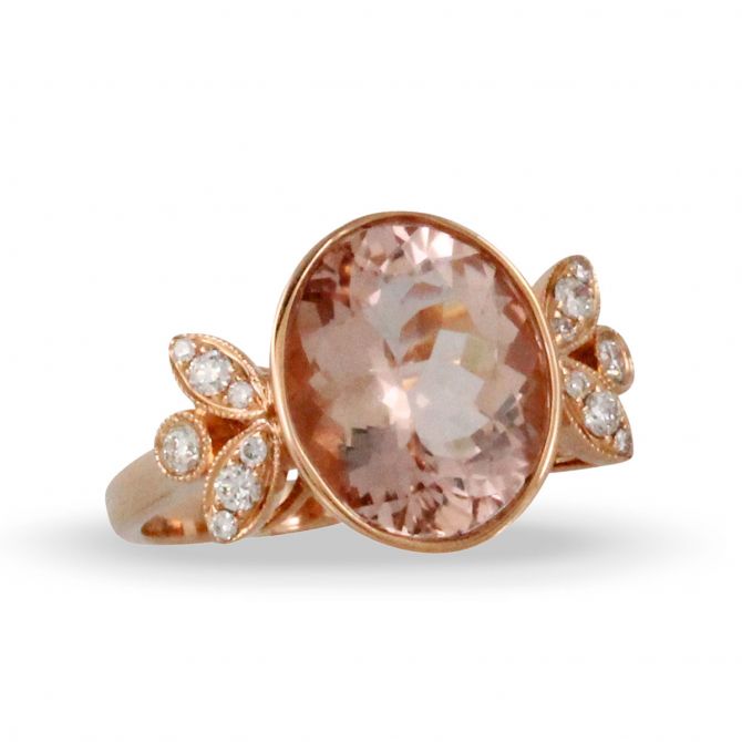 Doves Little Bird Oval Morganite Ring with Diamond Milgrain Leaf Sides in Rose Gold