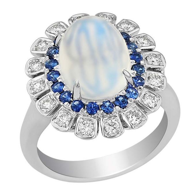 Cabochon Moonstone, Sapphire & Diamond Halo Ring in White Gold