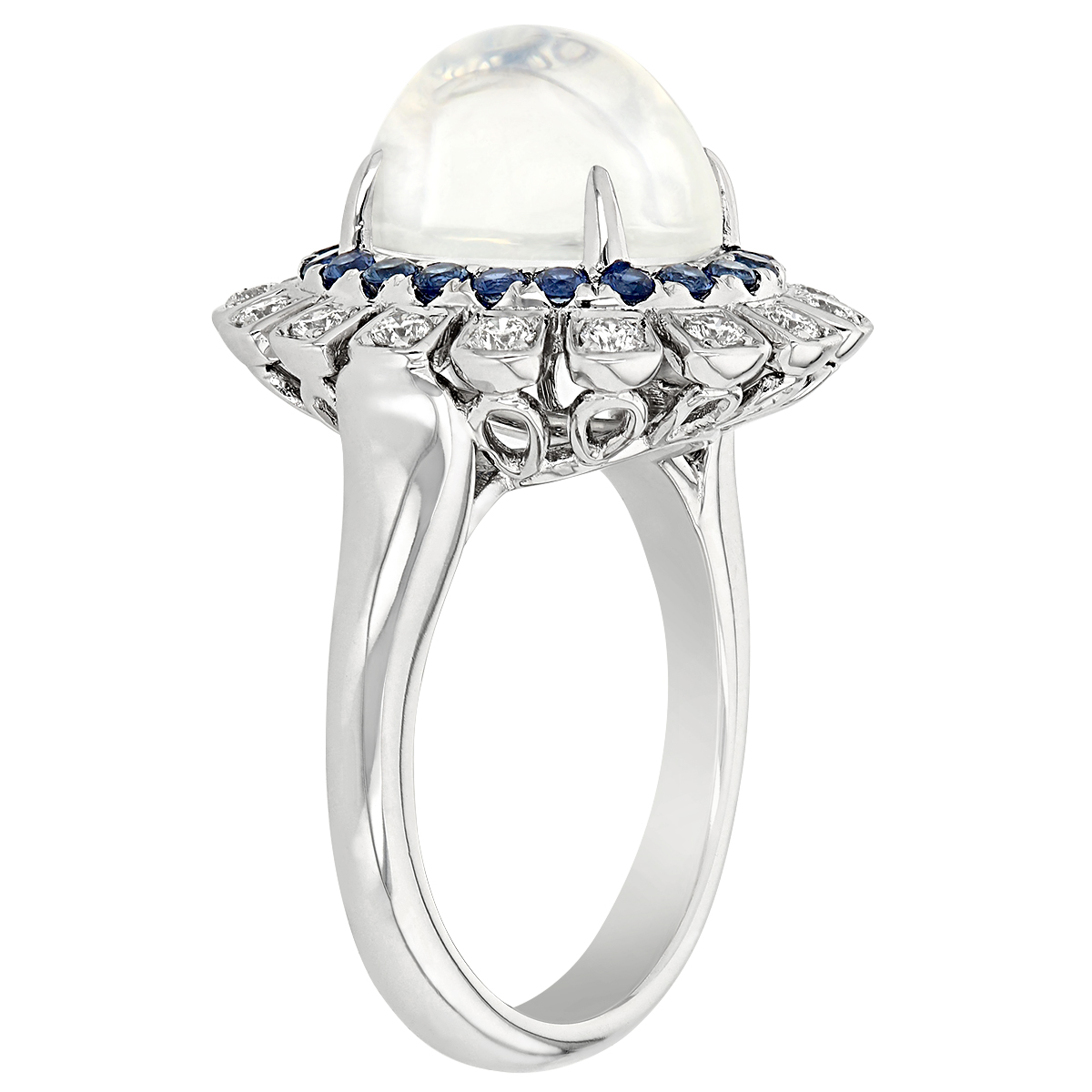 Cabochon Moonstone, Sapphire & Diamond Halo Ring in White Gold