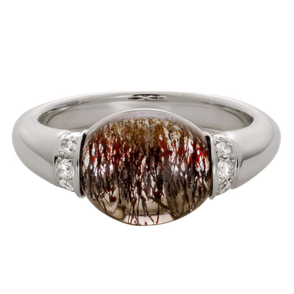 Oval Lepidocrocite in Quartz Cabochon Ring in White Gold with Diamond Rondelles