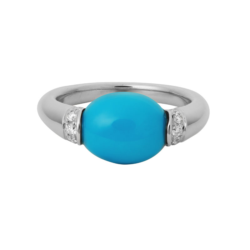 Oval Turquoise Cabochon Ring in White Gold with Diamond Rondelles